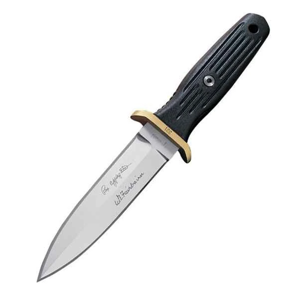 Boker Applegate-Fairbairn Boot Knife 120546 profile view showing 4.65 inch 440C satin double edge dagger blade and black Delrin handle with brass guard.
