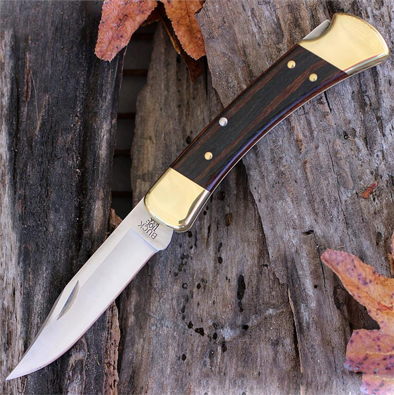 Buck Folding Hunter (BU110BRSCB) 3.75" 420HC Plain Blade, Woodgrain Handle, Nylon Sheath
