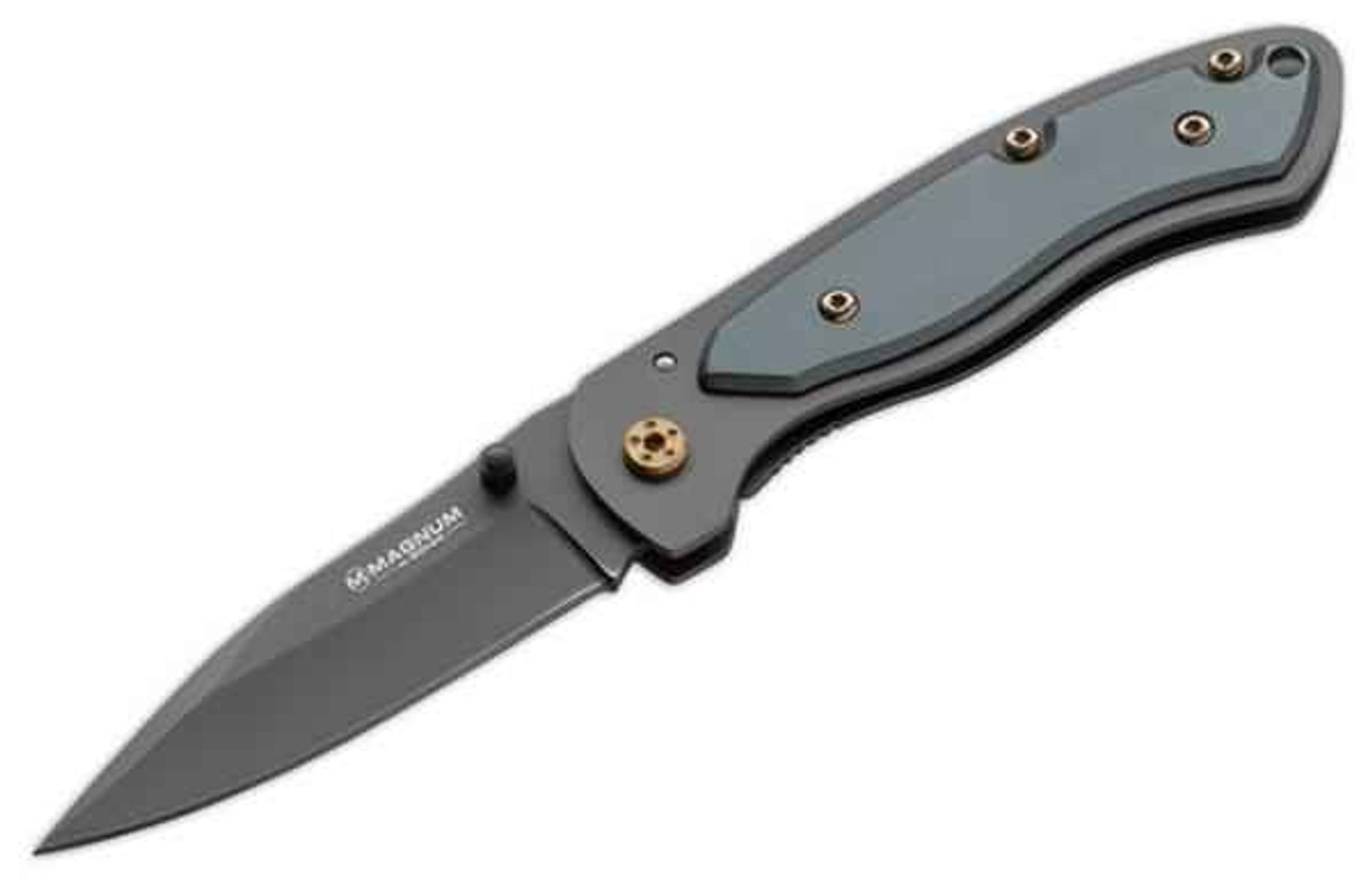 Boker Magnum My Precious Folder (BOM02185) 2.75" 440 Black Spear Point Plain Blade, Gray Anodized Aluminum Handle with Gold Accents