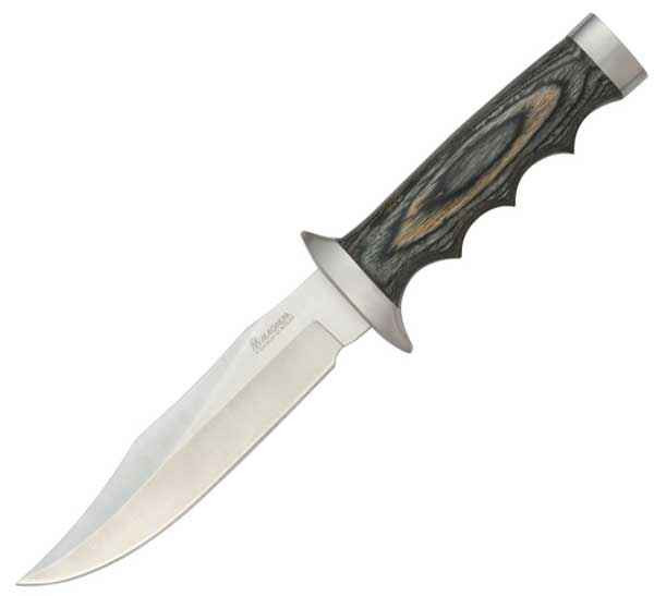 Boker Magnum Safari Mate XD 02MB207 profile view showing 6 inch 440A satin clip point blade and black pakkawood finger-grooved handle with stainless guard.