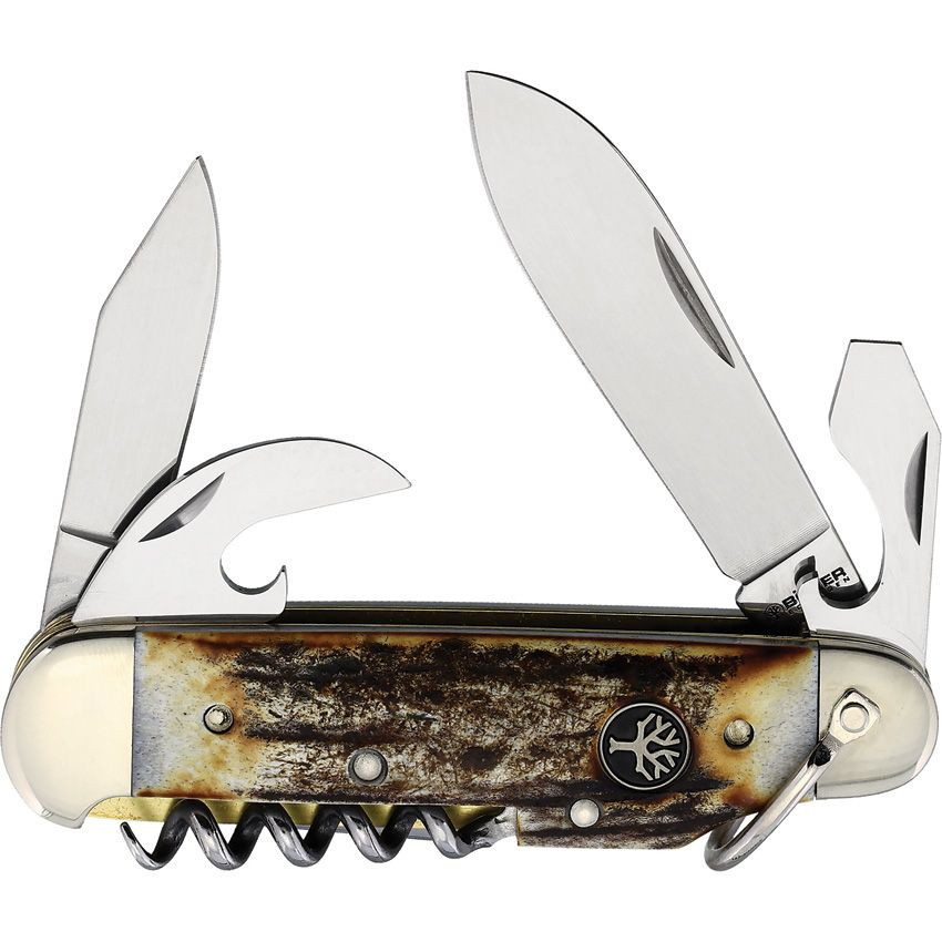 Boker Camp Knife tools: can opener, cap lifter/flat screwdriver, punch/reamer, corkscrew