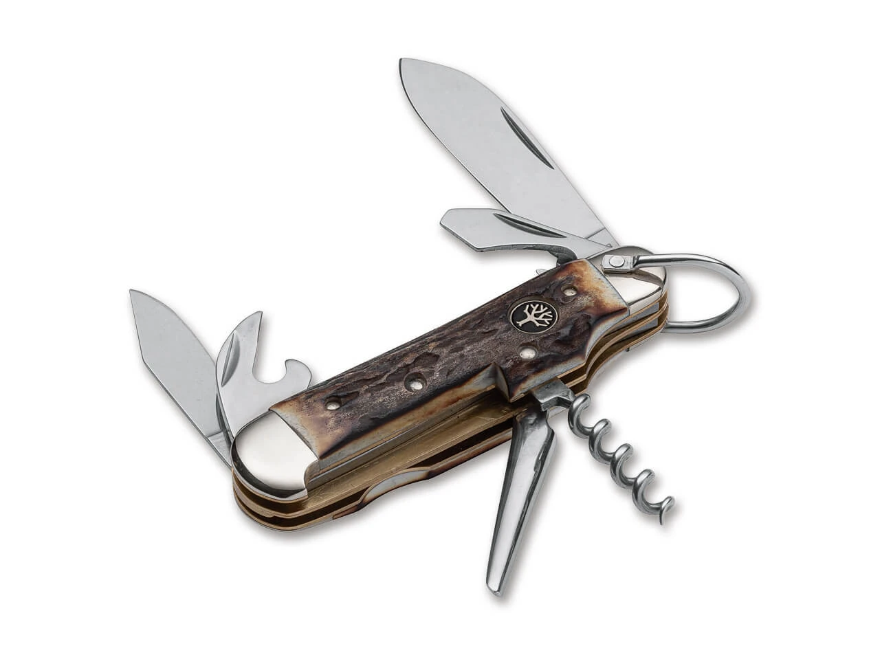 A Böker Camp Knife 110182HH multi-blade slipjoint shown open with tools deployed. The 2.56-inch 4034 stainless primary blade and 1.75-inch secondary blade are visible in uncoated bare steel finish; both open via nail nick. The genuine stag handle scales show natural antler texture — organic grain and color that varies per individual piece — framed by polished nickel silver bolsters at each end. Additional tools including can opener, cap lifter/bottle opener with flathead screwdriver, leather punch/reamer, and corkscrew are visible. Closed length 3.5 inches, weight 3.46 oz. Made in Germany by Böker.