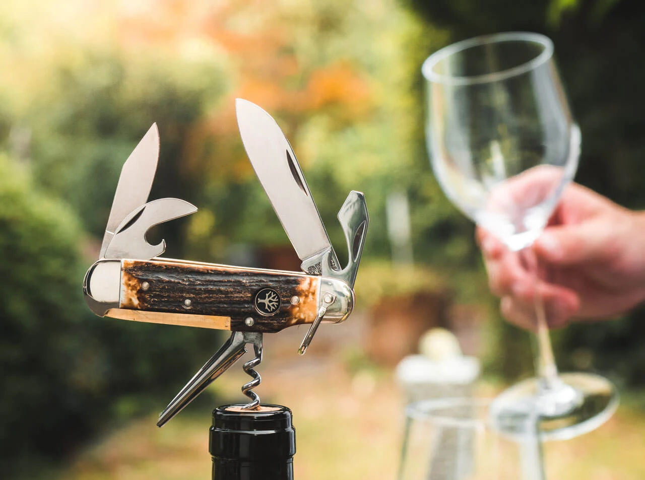 Böker Camp Knife 110182HH 6-piece tools — blades, can opener, cap lifter screwdriver, leather punch, corkscrew, stag slipjoint
