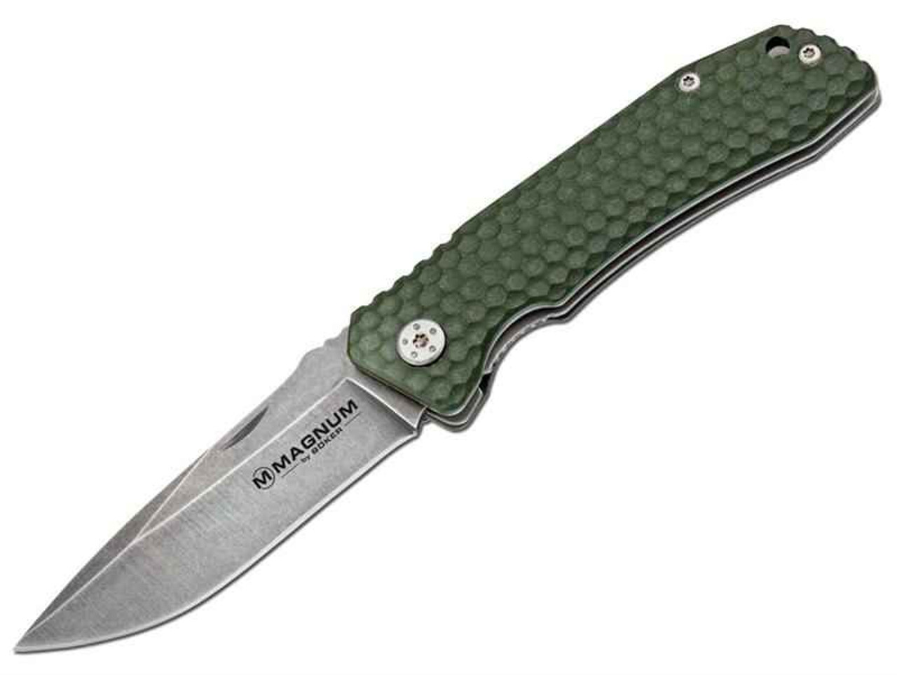 Boker Magnum Winter Green (BOM02827) 2.75" 440 Stonewashed Spear Point Plain Blade, Green G-10 Handle with Golf Ball Texture