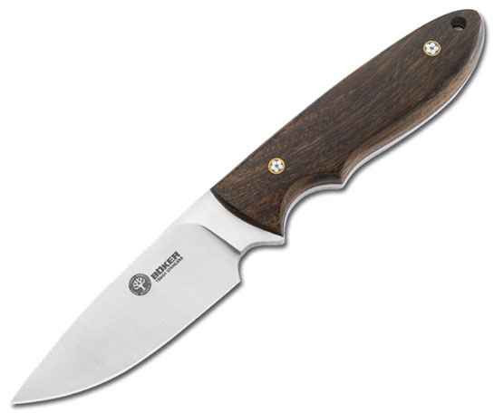 Boker Pine Creek (02BA701G) 3.58" T6MoV Satin Drop Point Plain Blade, Guayacan Wood Handle, Brown Leather Sheath