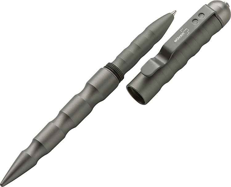Boker Plus MPP Multi Purpose Pen 09BO091 gunmetal gray aluminum body showing grooved grip and glass breaker tip.