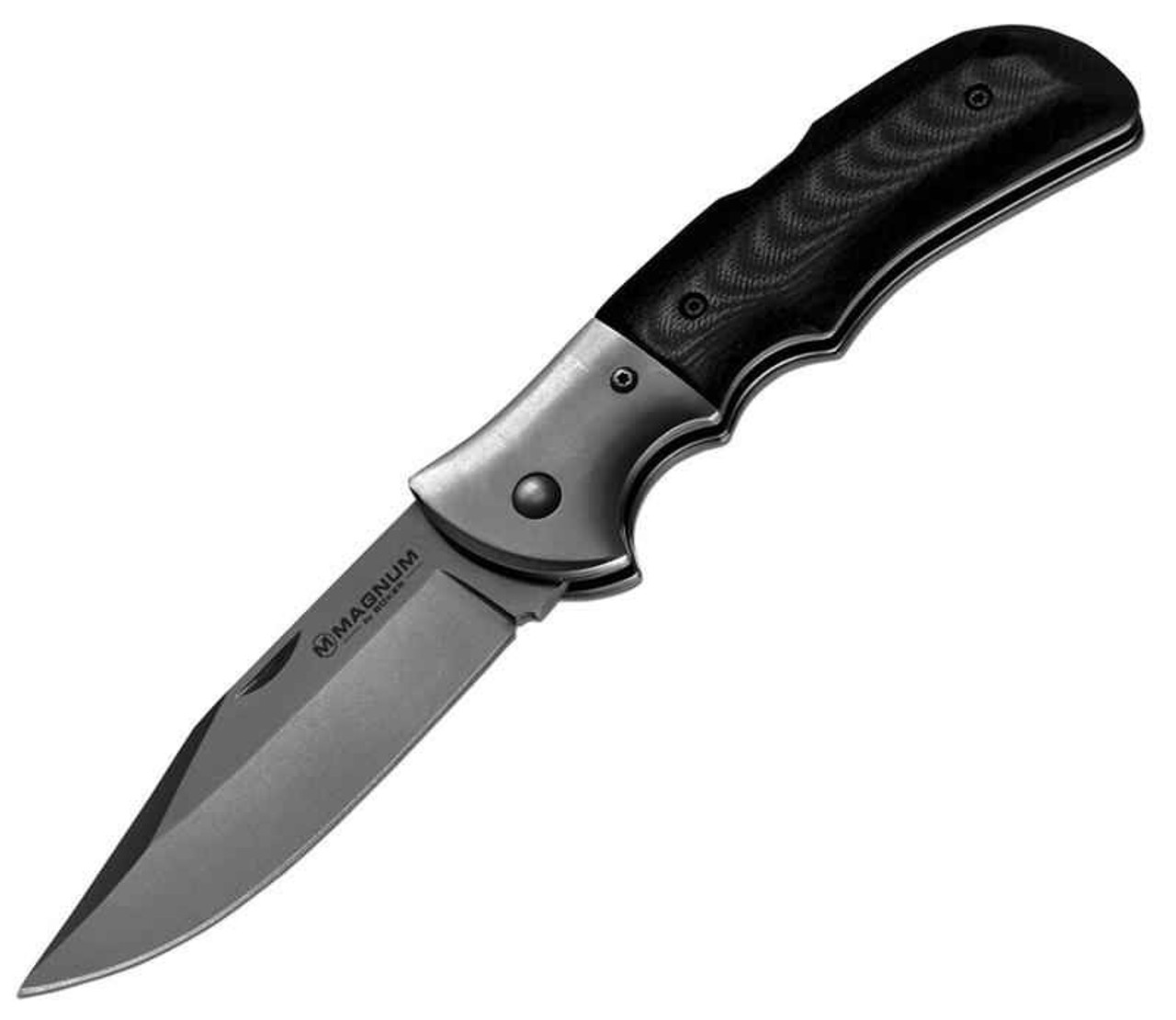 Boker Magnum Gray Eminence Folder (01SC712) 3.35" Gray Titanium Coated 440A Clip Point Plain Blade, Black and Gray Micarta Handle