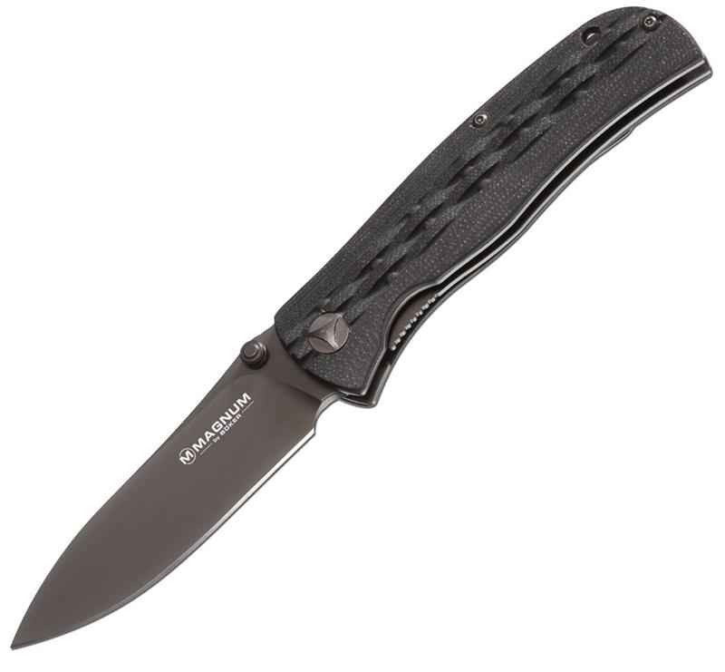 Boker Magnum Weaver 02788 folding knife profile view showing black 440 stainless blade and web-patterned G-10 handle.