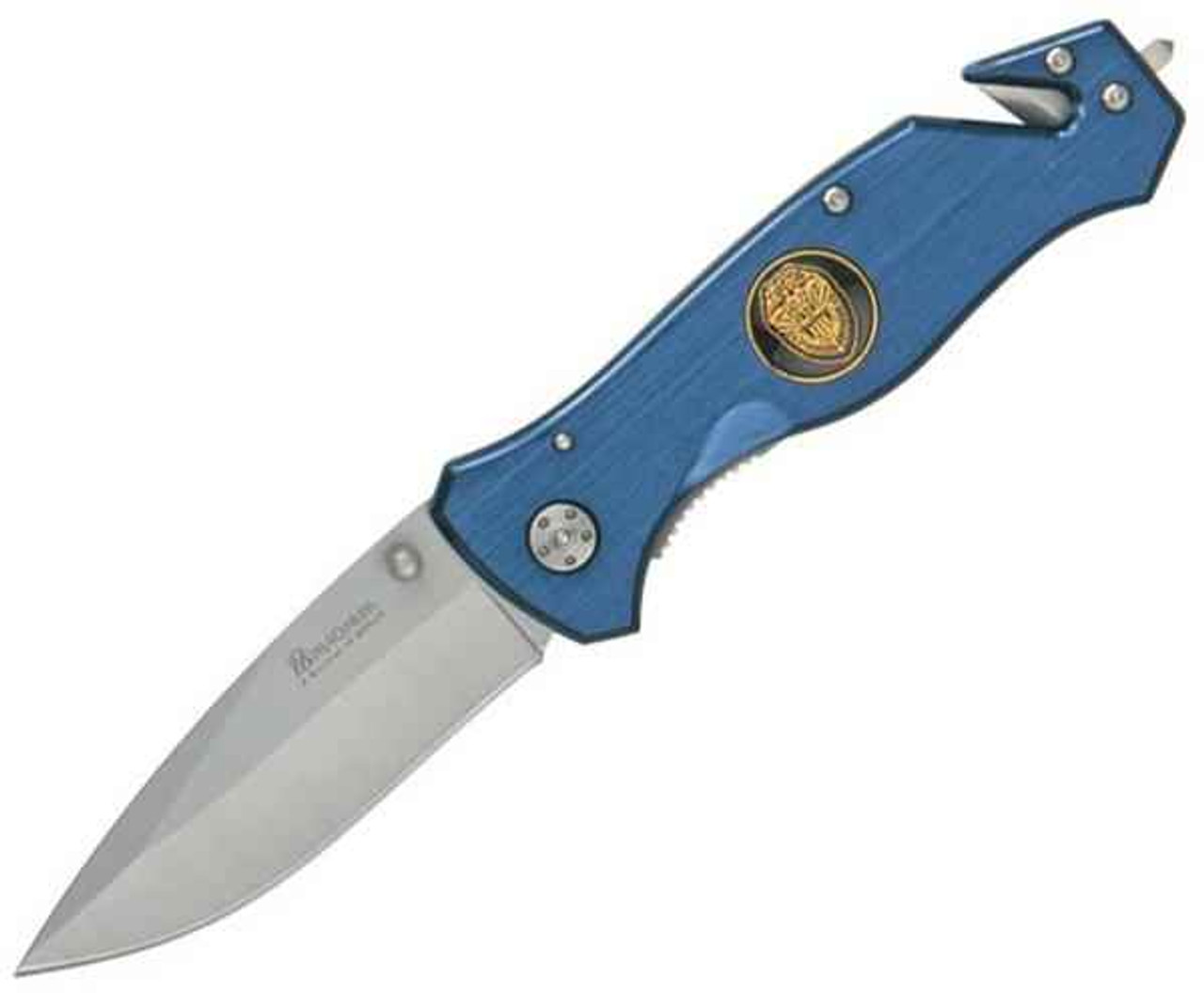 Boker Magnum Law Enforcement (01MB365) 3.35" 440A Matte Finished Drop Point Plain Blade, Blue Anodized Aluminum Handle
