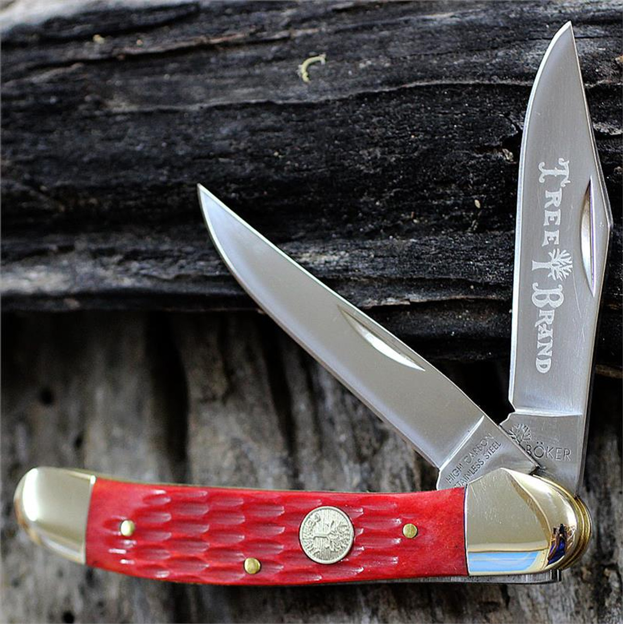 Boker Tree Brand Copperhead (110746) Polished High Carbon Stainless Steel Clip and Skinner Blades, Red Jigged Bone Handle with Nickel Silver Bolsters