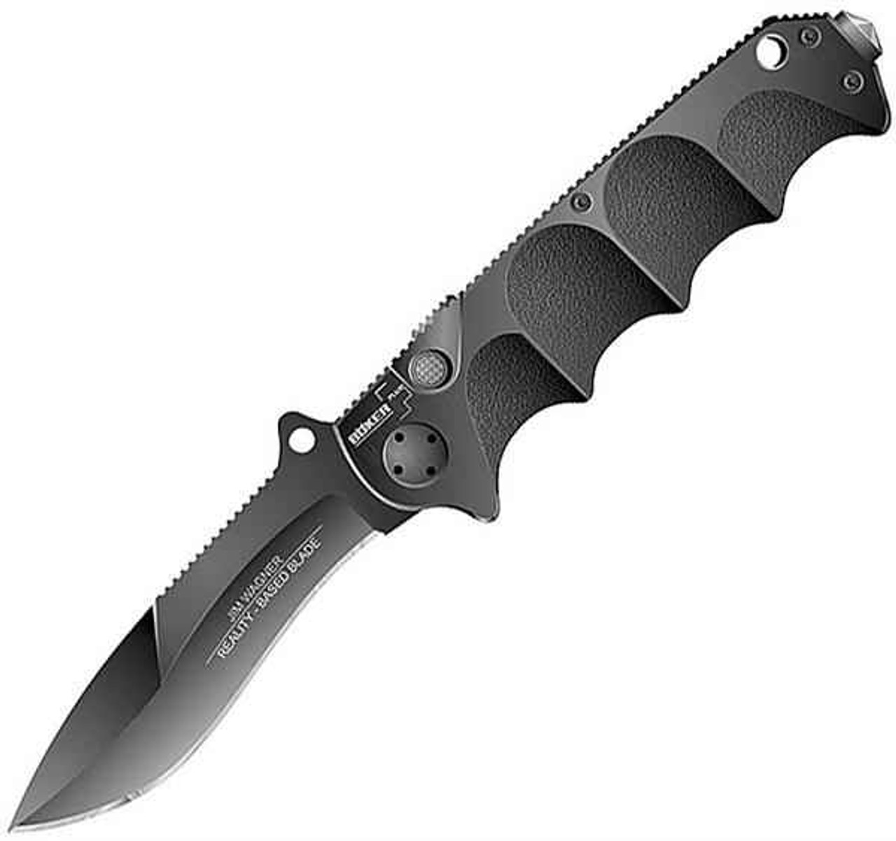 Boker Plus Jim Wagner RBB (01BO055) 3.25" AUS-8 Black Recurve Plain Blade, Black Aluminum Handle with Push Button Lock