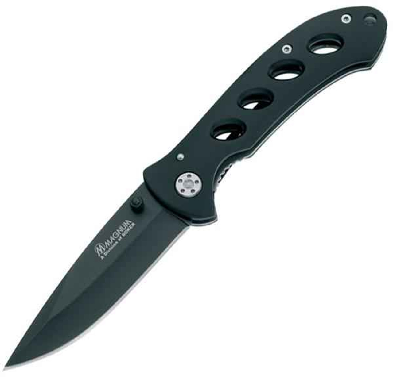 Boker Magnum Shadow (01MB428) 3.27" 440A Black Drop Point Plain Blade, Black Anodized Aluminum Handle
