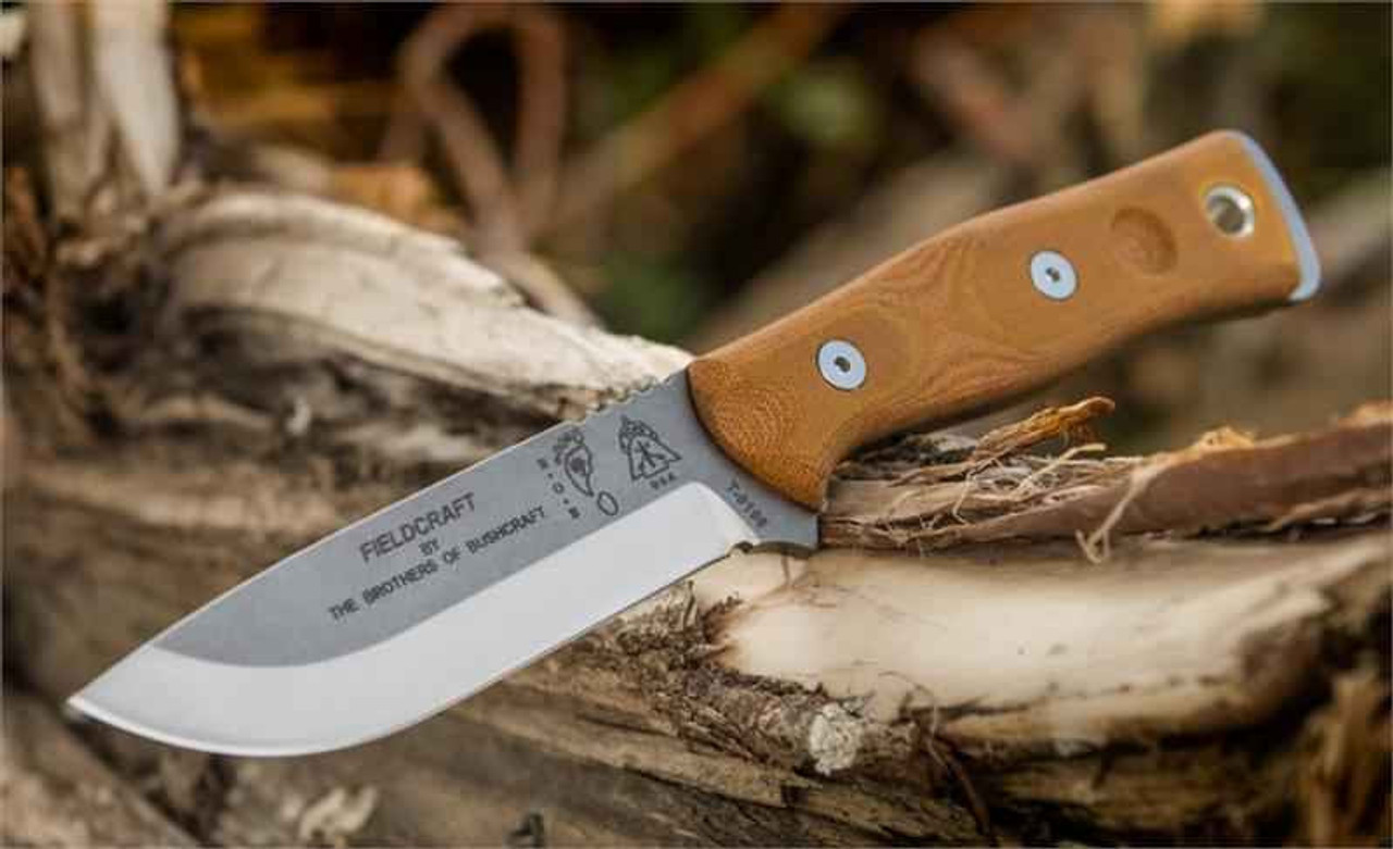 TOPS BROSTBF B.O.B. Fieldcraft, 4.75" 1095 Plain Blade, Tan Canvas Micarta Handle-Kydex Sheath