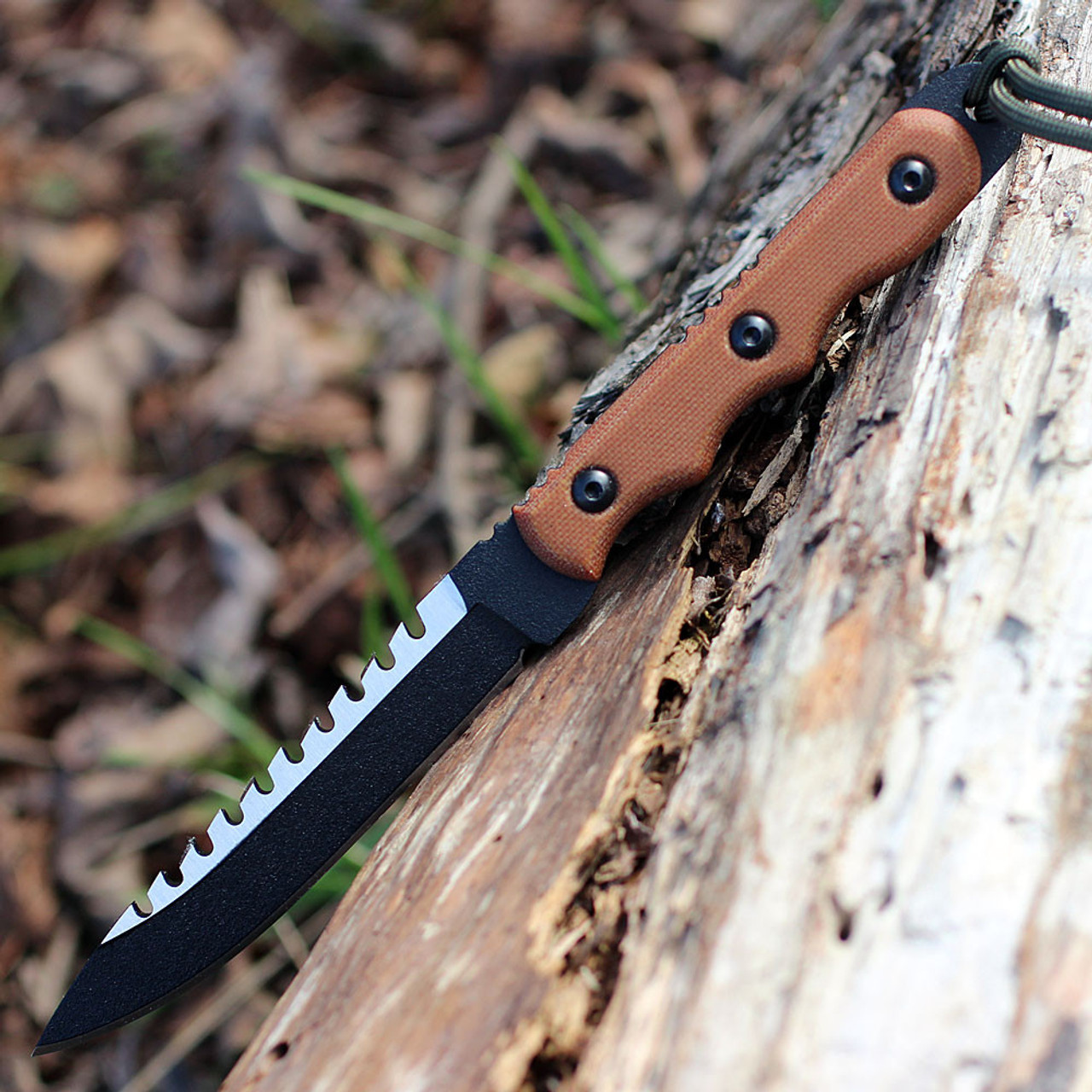 TOPS TPRBL02 Ranger Bootlegger 2, 5" 1095 Double Edged Sawback Blade, Tan Canvas Micarta Handle