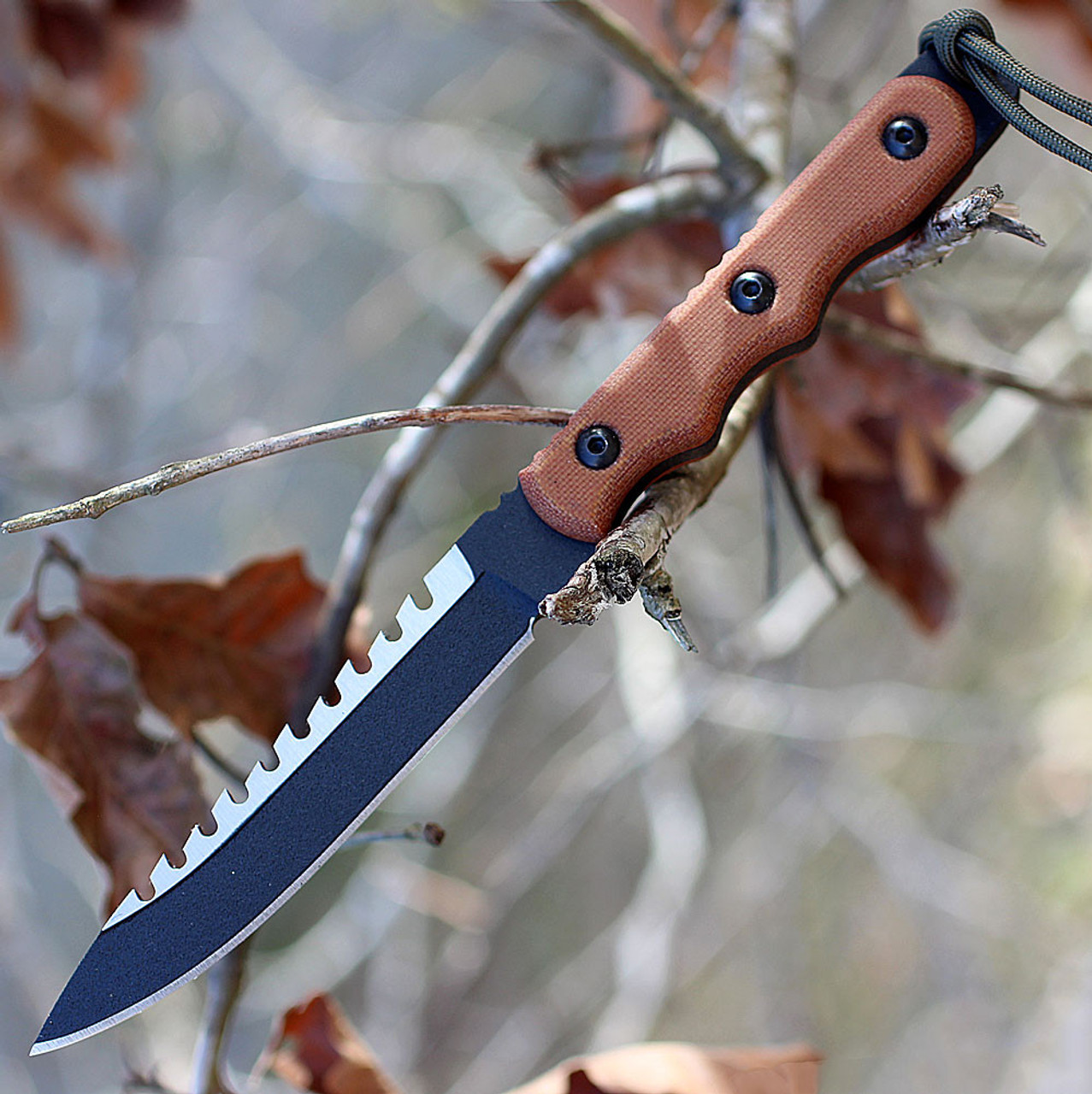 TOPS TPRBL02 Ranger Bootlegger 2, 5" 1095 Double Edged Sawback Blade, Tan Canvas Micarta Handle