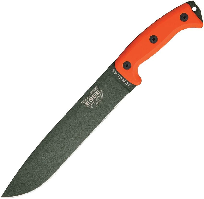 The ESEE Junglas (ESJUNGLASODOR) shown with its 10.38-inch 1095 plain edge drop point blade in an OD Green finish and flat grind, orange G-10 handle, and its black Kydex sheath with MOLLE back. A BR Exclusive colorway.