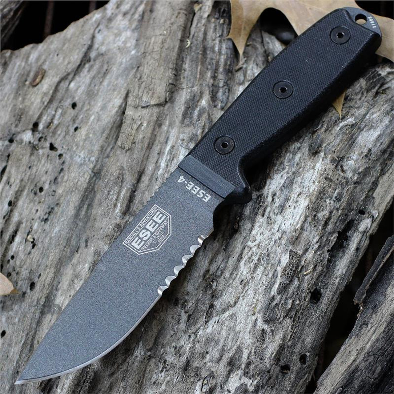 ESEE-4 Fixed Blade Knife (ESEE-4S-TG-CP-B)- 4.50" Tactical Gray Partially Serrated 1095 Drop Point Blade, Black G-10 Handle | Includes Clip Plate