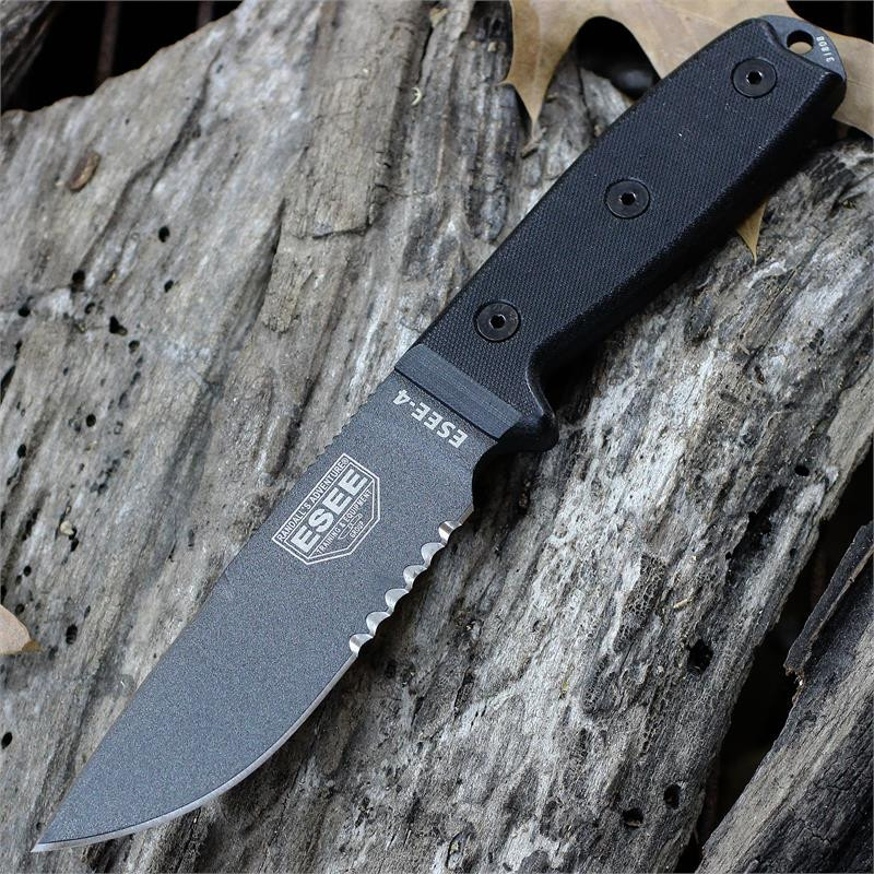 The ESEE-4 (ESEE-4S-CP-TG-B) shown with its 4.50-inch 1095 part serrated drop point blade in a Tactical Gray finish and tall flat grind, black G-10 handle scales, and its injection-molded black polymer sheath with clip plate included.