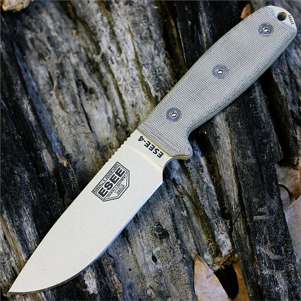 ESEE-4 Fixed Blade Knife (ESEE-4P-MB-DT)- 4.50" Desert Tan 1095 Drop Point Blade, Tan Micarta Handle