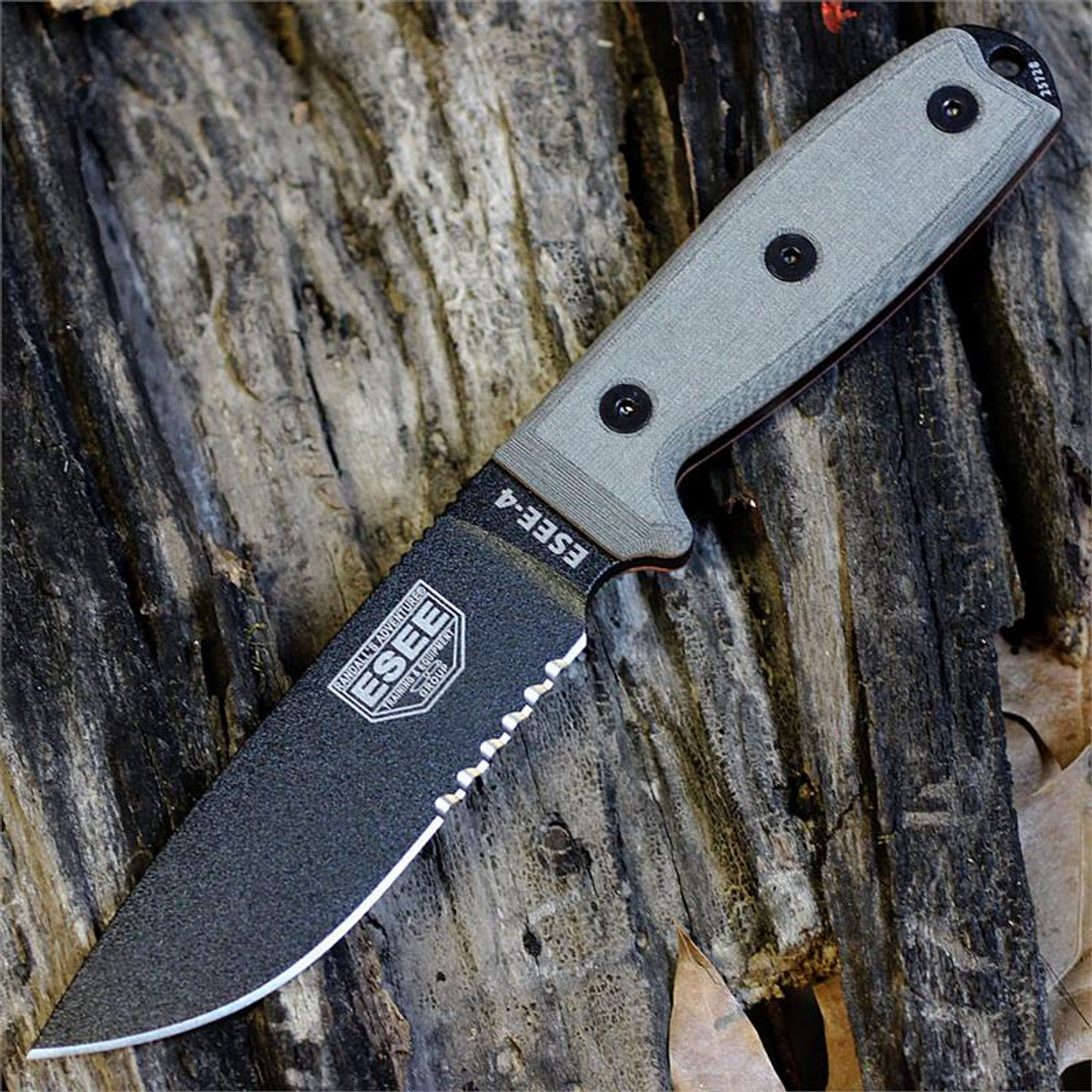 ESEE-4 Fixed Blade Knife (ESEE-4S-MB)- 4.50" Black Partially Serrated 1095 Drop Point Blade, Gray Micarta Handle