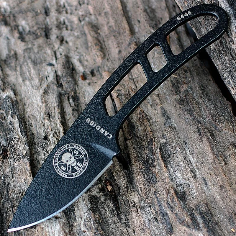 The ESEE Candiru (ESEE-CAN-B-E) shown with its 2.00-inch 1095 plain edge drop point blade in a black finish and flat grind, matching all-black skeletonized steel handle, and its injection-molded black polymer sheath.