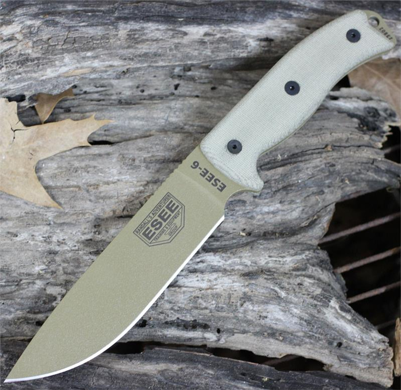 ESEE-6 Fixed Blade Knife (ESEE-6P-DE)-6.50" Dark Earth 1095 Drop Point Blade, Tan Micarta Handle