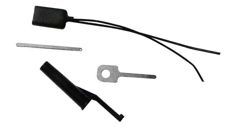 The ESEE E&E Tools (EE-TOOLS), a four-piece set shown with its handcuff shim, Bic pen cap with molded key, zipper pull with hidden key on coated Kevlar cord, and Micro Escape Tool, packaged in a plastic tube.