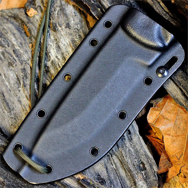 The ESEE-5 Complete Sheath System (ESEE-22-SS) in black Kydex, shown with its belt clip plate, paracord, and cord lock, designed to fit the standard ESEE-5 and the new 3D handle model.