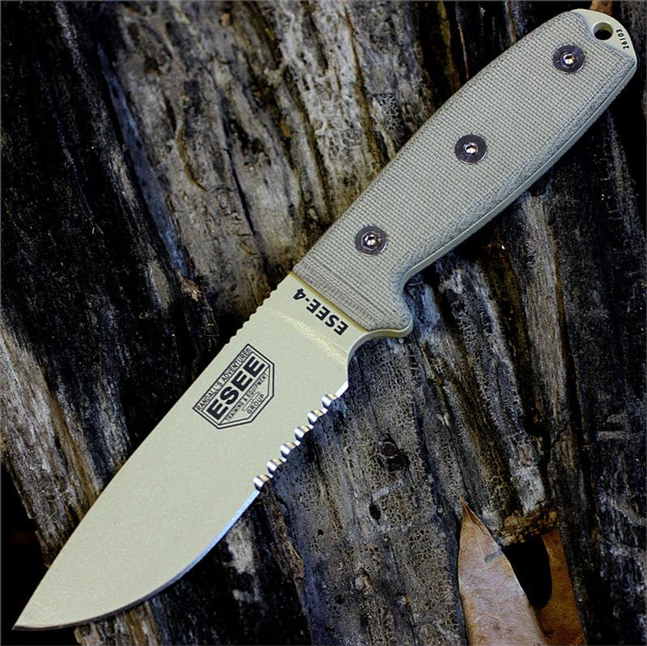 ESEE-4 Fixed Blade Knife (ESEE-4S-DT)- 4.50" Desert Tan Partially Serrated 1095 Drop Point Blade, Tan Micarta Handle