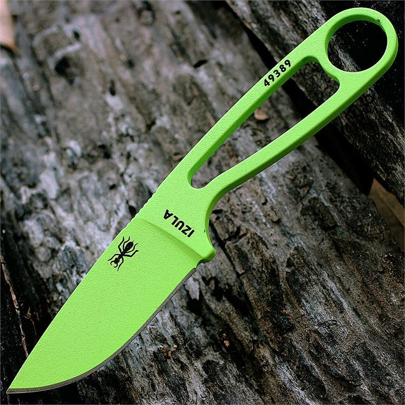 The ESEE Izula Survival Kit (IZULA-VG-KIT) shown with its 2.63-inch 1095 plain edge drop point blade in a Venom Green finish and flat grind, matching Venom Green skeletonized steel handle, black polymer sheath, and the full kit: paracord, cord lock, split rings, ferro rod, whistle, and snap hook.