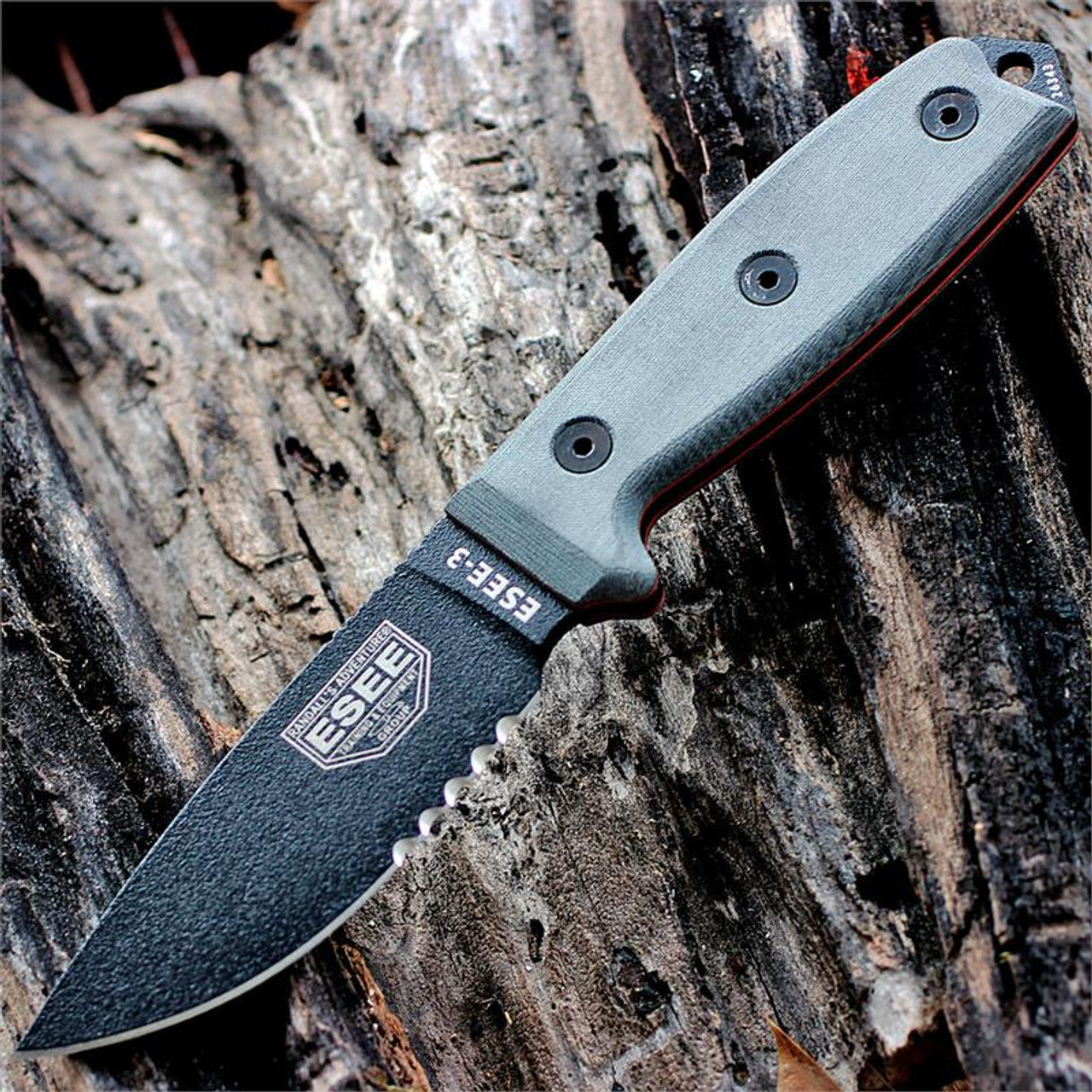 ESEE-3 Fixed Blade Knife (ESEE-3S-B)- 3.88" Black 1095 Partially Serrated Drop Point Blade, Gray Micarta Handle