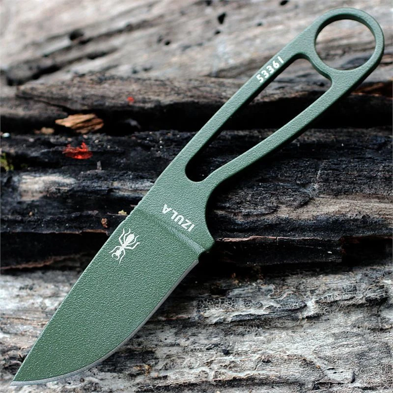 The ESEE Izula (IZULA-OD) shown with its 2.63-inch 1095 plain edge drop point blade in an OD Green finish and flat grind, matching OD Green skeletonized steel handle, and its injection-molded black polymer sheath.