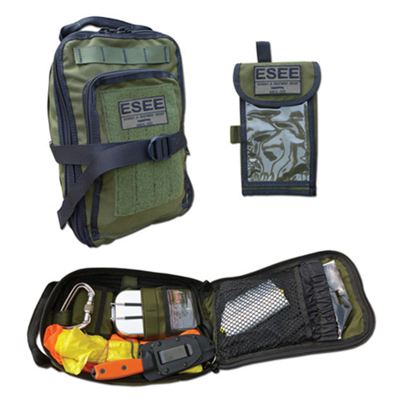 ESEE-Advanced Survival Kit (ESEE-ADVANCED-KIT-OD)-4.5" Black 1095 Drop Point Blade, Orange G-10 Handle | OD Green Bag