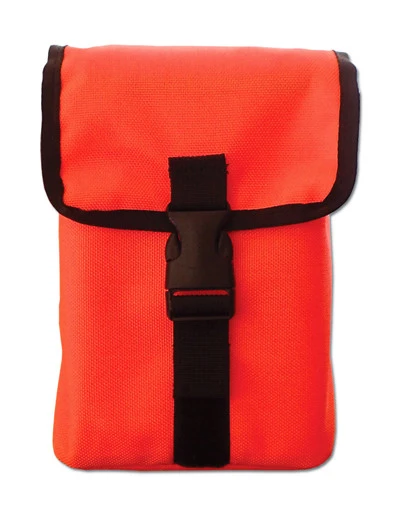 The ESEE Kit Tin Pouch (KIT-TIN-POUCH-OR) in orange nylon, shown with its buckle closure, interior storage flaps, and twin MOLLE straps on the rear, sized to accommodate the large mess tin.