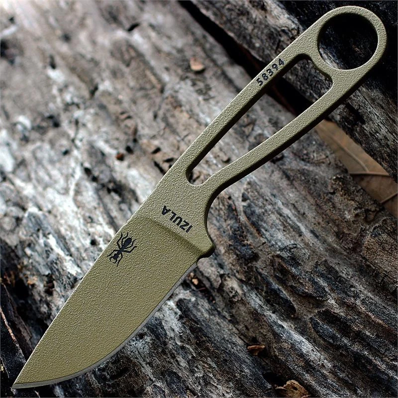The ESEE Izula (IZULA-DE) shown with its 2.63-inch 1095 plain edge drop point blade in a Dark Earth finish and flat grind, matching Dark Earth skeletonized steel handle, and its injection-molded black polymer sheath.