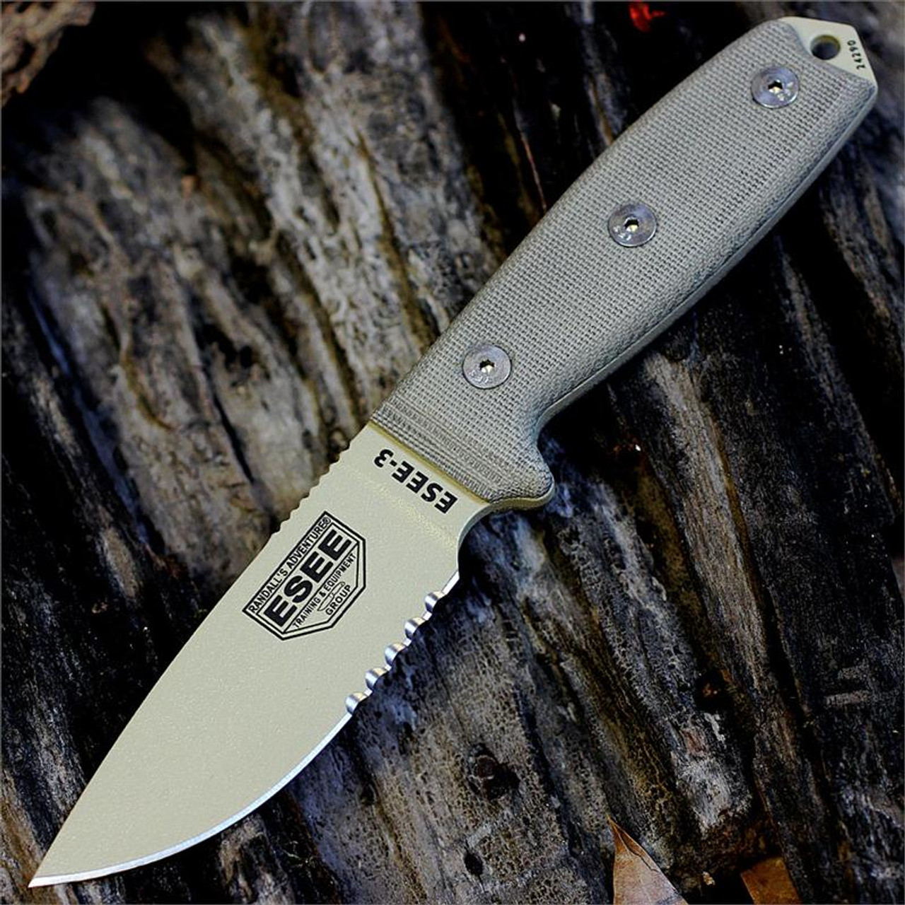 ESEE-3 Fixed Blade Knife (ESEE-3S-DT)- 3.88" Desert Tan 1095 Partially Serrated Drop Point Blade, Tan Micarta Handle