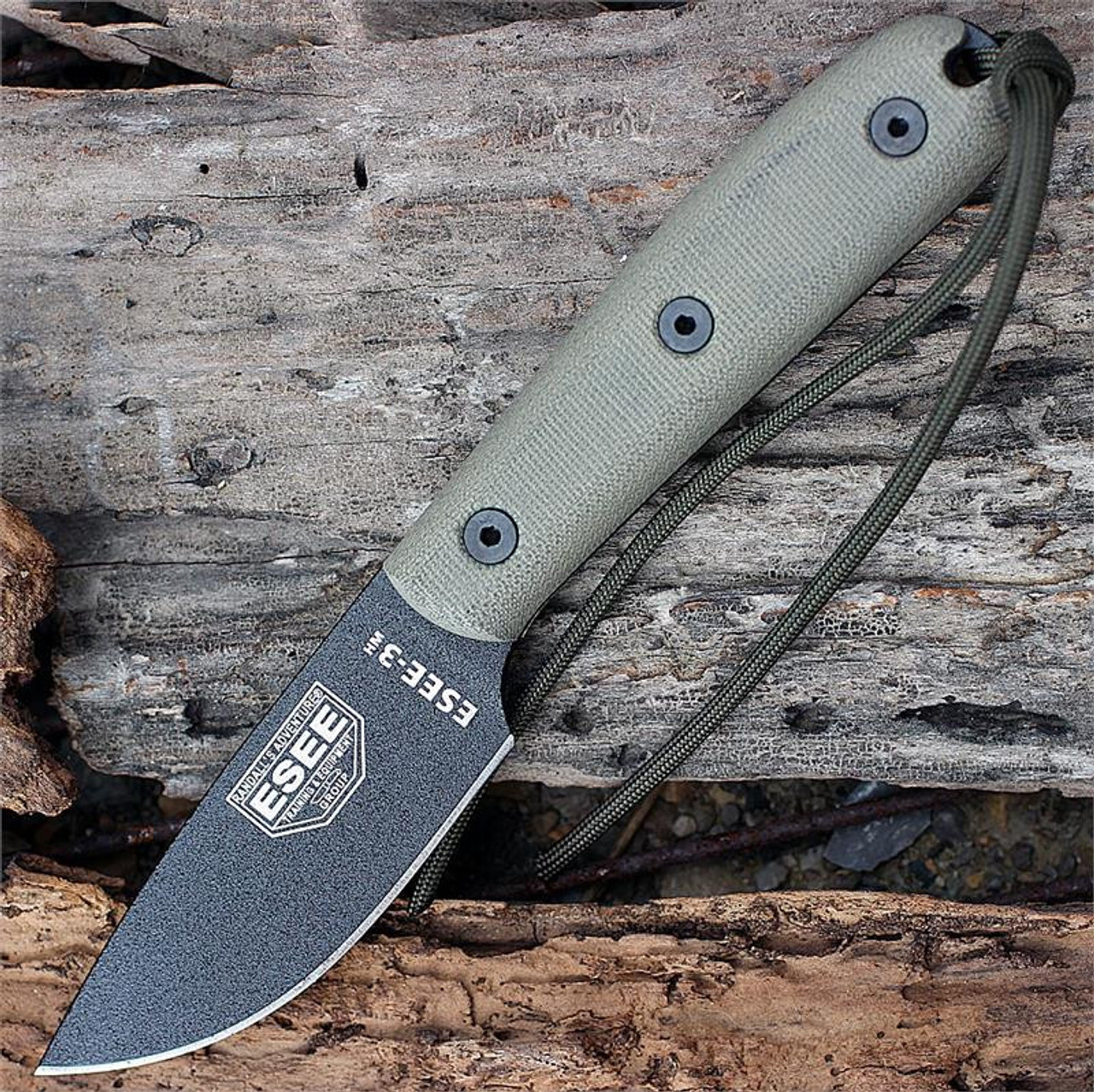 ESEE-3HM Fixed Blade Knife (ESEE-3HM-B)-3.63" Black 1095 Drop Point Blade, Green Micarta Handle