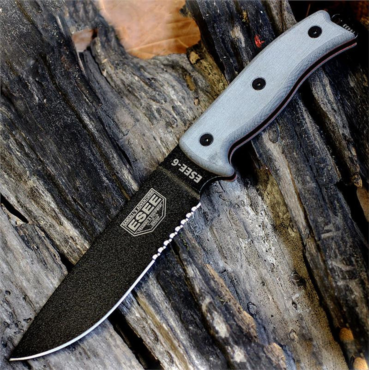 ESEE-6 Fixed Blade Knife (ESEE-6S-KO)-6.50" Black 1095 Partially Serrated Drop Point Blade, Gray Micarta Handle | Knife Only