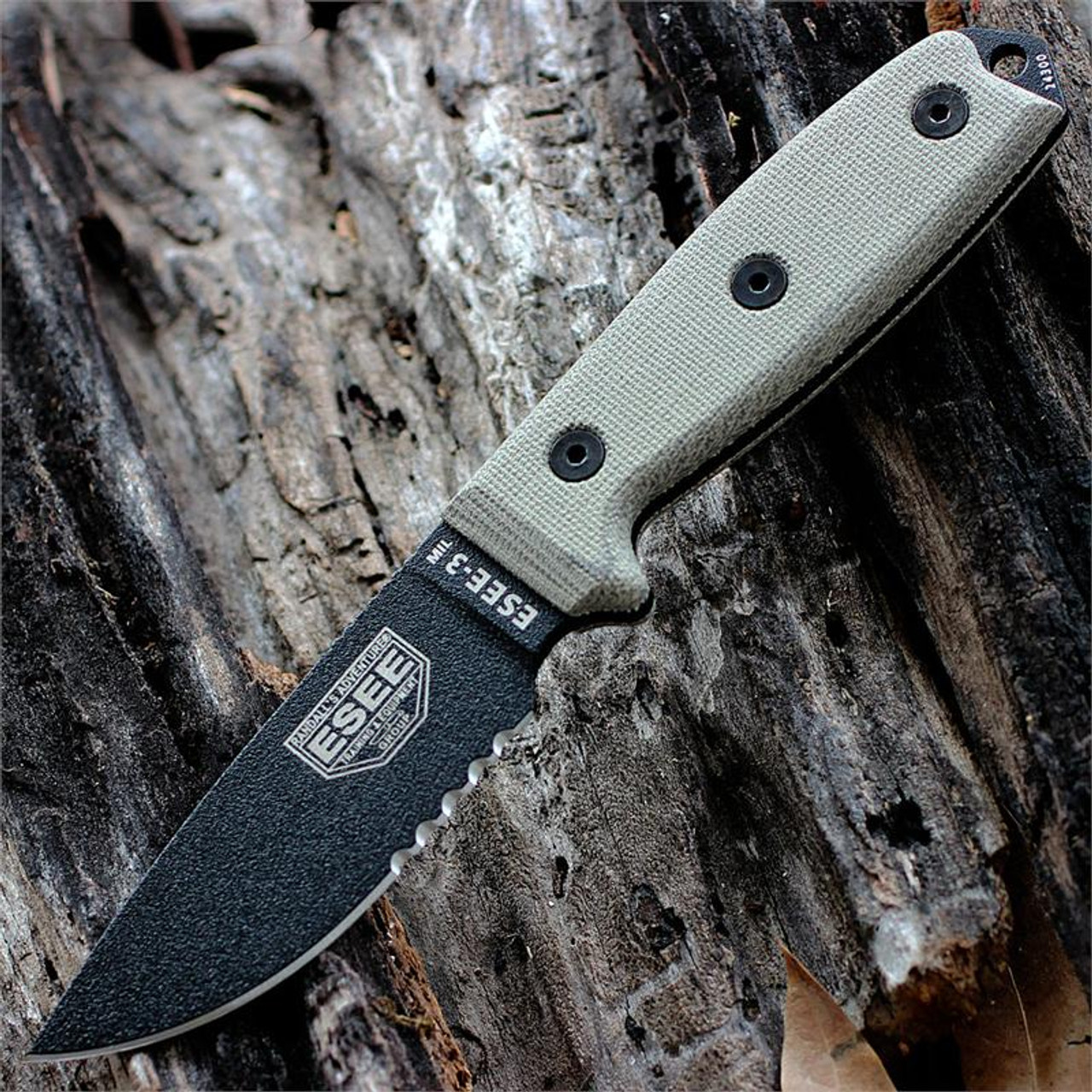 ESEE-3MIL Fixed Blade Knife (ESEE-3MIL-S)- 3.88" Black 1095 Partially Serrated Drop Point Blade, Tan Micarta Handle | No Box