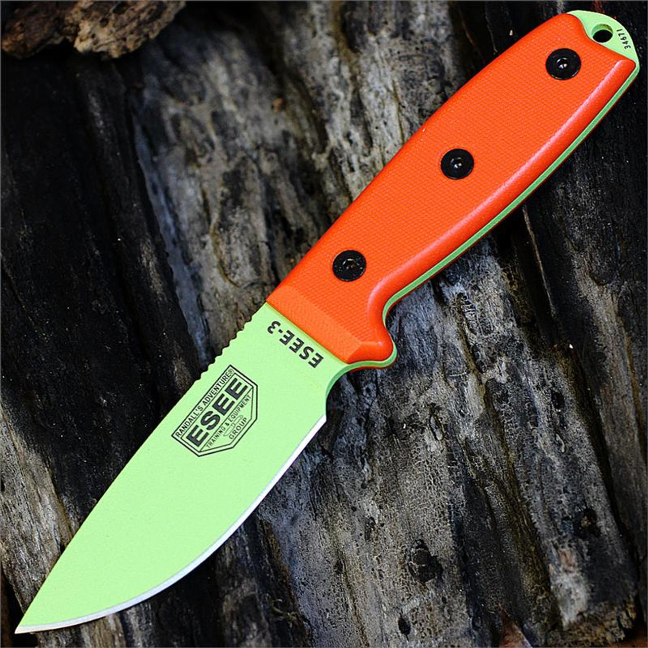 ESEE-3 Fixed Blade Knife (ESEE-3PM-VG)- 3.88" Venom Green 1095 Drop Point Blade, Orange G-10 Handle | Modified Pommel