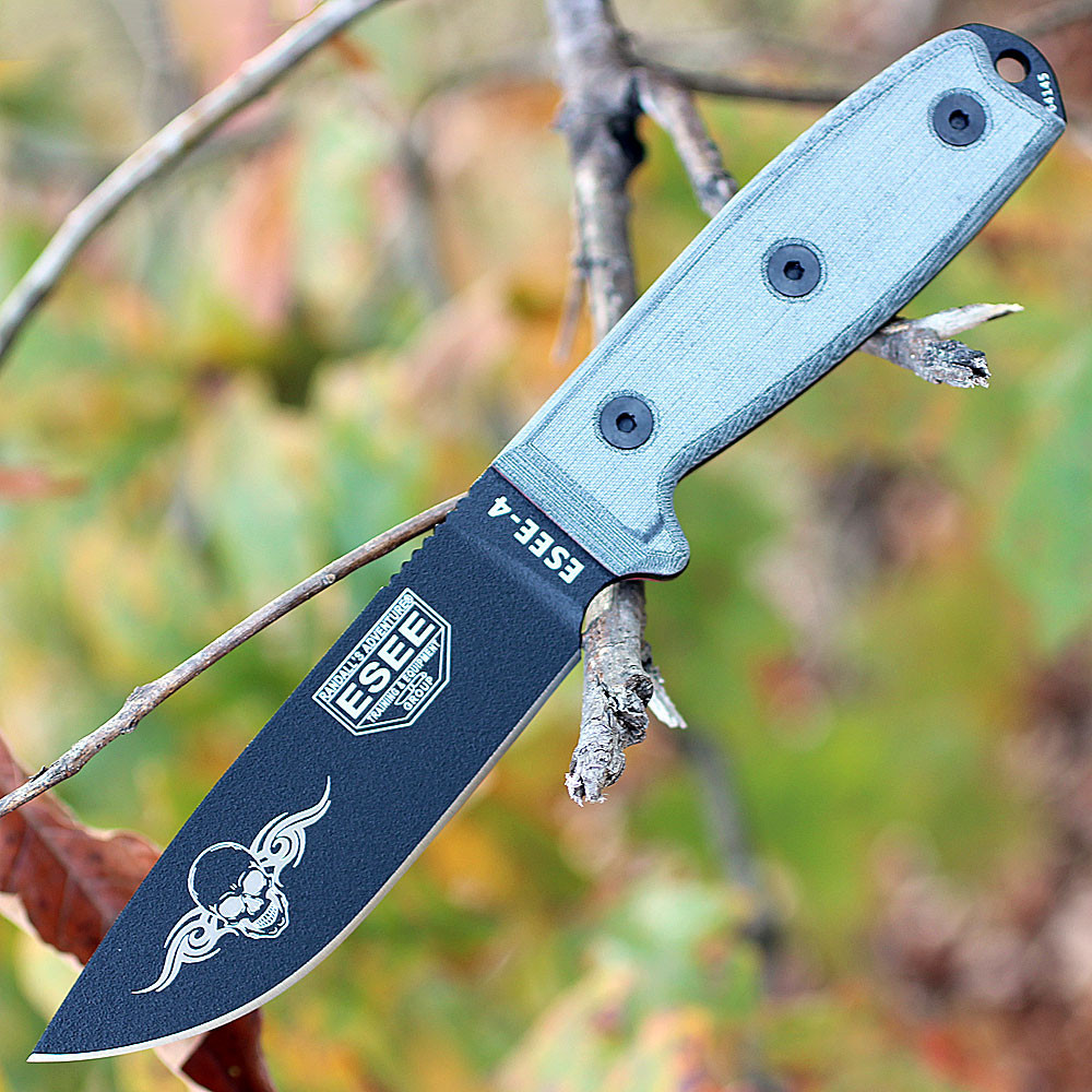 ESEE-4 Fixed Blade Knife (ESEE-4P-SKULL)-4.5" Black 1095 Drop Point Blade, Gray Micarta Handle | To Be Engraved