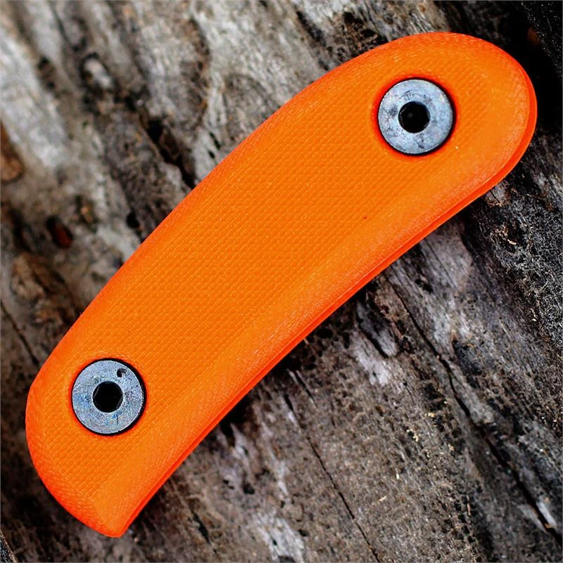 The ESEE Candiru Optional Handle (CAN-HDL-OR) shown with its orange G-10 scales, designed to attach to the Candiru with Allen screws on either side.