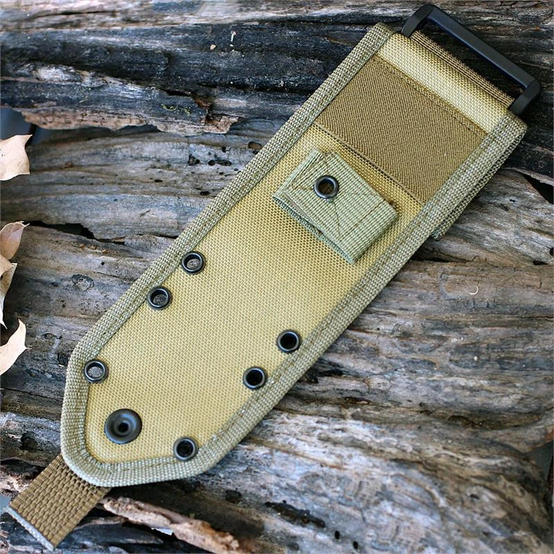 The ESEE-3/4 MOLLE Back Sheath (ESEE-42MB-K) in khaki Cordura nylon, shown with its MOLLE back, adjustable handle strap, and pommel flap, designed to fit any ESEE-3 or ESEE-4 knife.