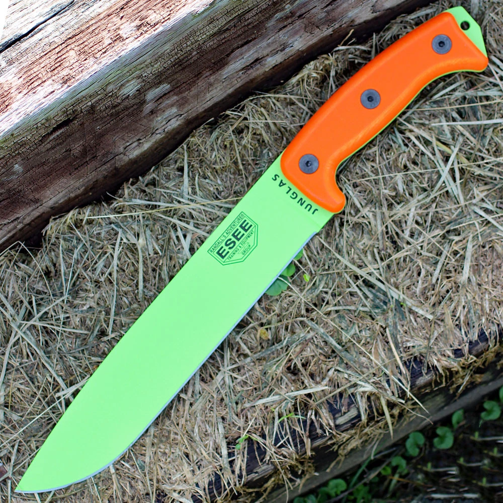 The ESEE Junglas (JUNGLAS-VG-E) shown with its 10.38-inch 1095 plain edge drop point blade in a Venom Green finish and flat grind, Orange Micarta handle, and its black nylon sheath.