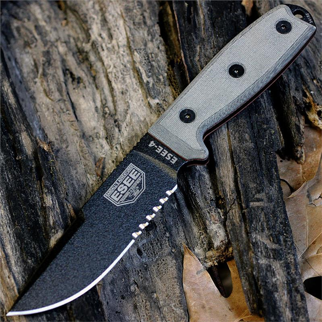 ESEE Knives, 4S-CP-MB, Black Double Blade,Combo Edge, Micarta Handle, Coyote Brown Molded Sheath and Clip Plate, Molle Back