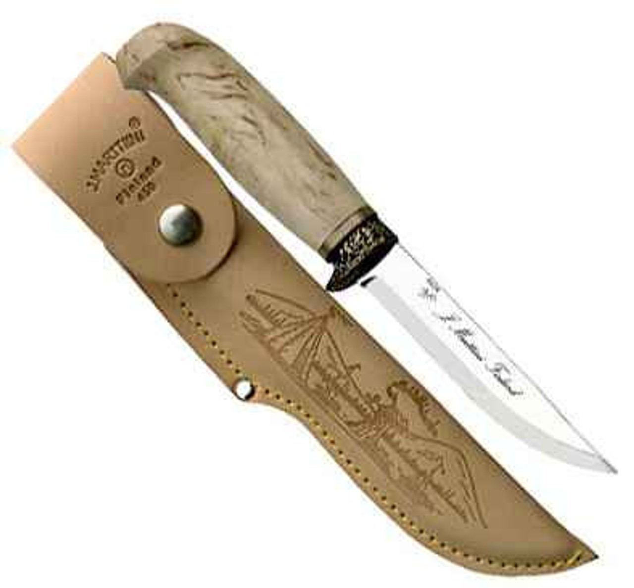 Marttiini Jagdmesser Hunters Knife Bronze Finger Guard, Curly Birch Handle