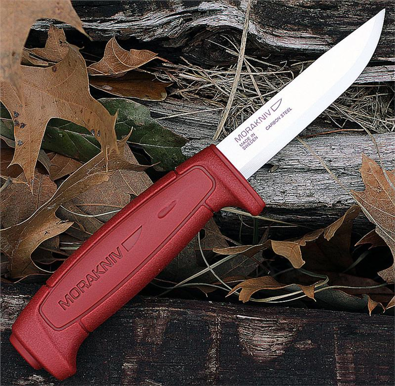 Mora Kniv Basic 511 (01502) 3.5" High Carbon Steel Drop Point Plain Blade, Red Polymer Handle, Black Molded Polymer Sheath