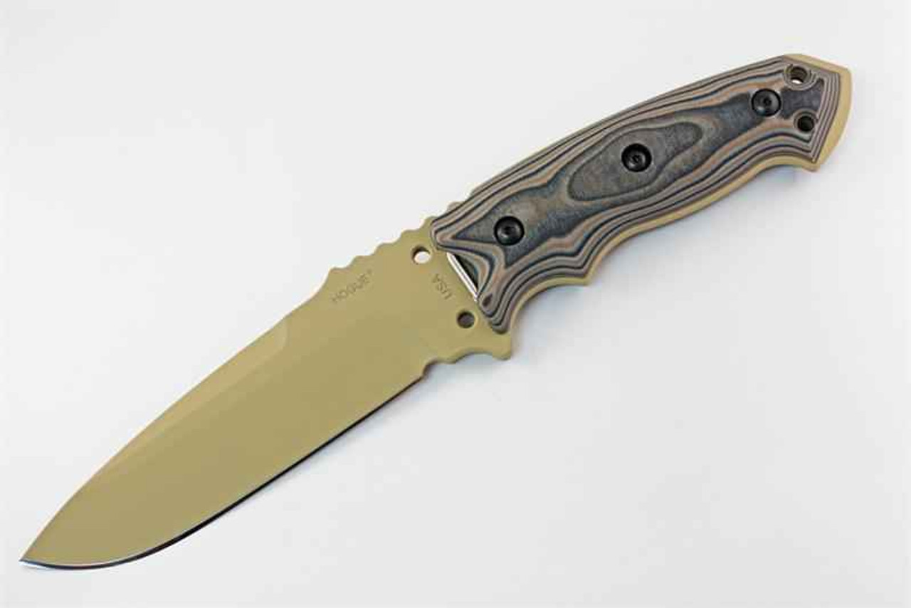 Houge EX-F01 Tactical (HO35173) 5.5" A2 Tan Drop Point Plain Blade, Dark Earth G-Mascus G-10 Handle, Tan Nylon Sheath