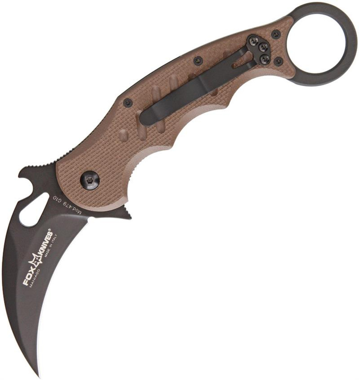 FOX Knives Folding Karambit 479E, 3.2 in. N690Co Black blade, Dark Earth G10 Handles