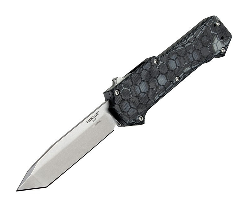 Houge Compound OTF (HO34029) 3.5" CPM S30V Stonewashed Tanto Plain Blade, Black G-Mascus G10 Handle w/ Double Action Thumb Slide